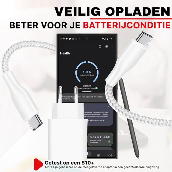 Veilig opladen, beter voor batterijconditie. 20W snellader met witte kabel op een smartphone die 101% oplaadt.
