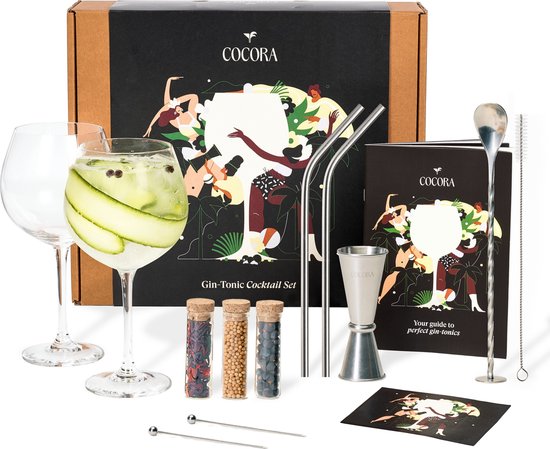 Cocora Gin Tonic Geschenkset - 12-delige RVS Cocktail Set - Cocktail Maatbeker - Gin Kruiden - Botanicals - Cocktail Boek (Nederlands) - Cadeau voor Man, Vrouw - Zilver