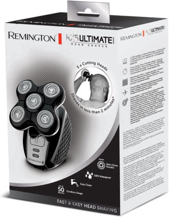 Verpakking van de Remington RX5 Ultimate Headshaver met een afbeelding van het zwarte scheerapparaat met 5 scheerkoppen en een scheerend hoofd.