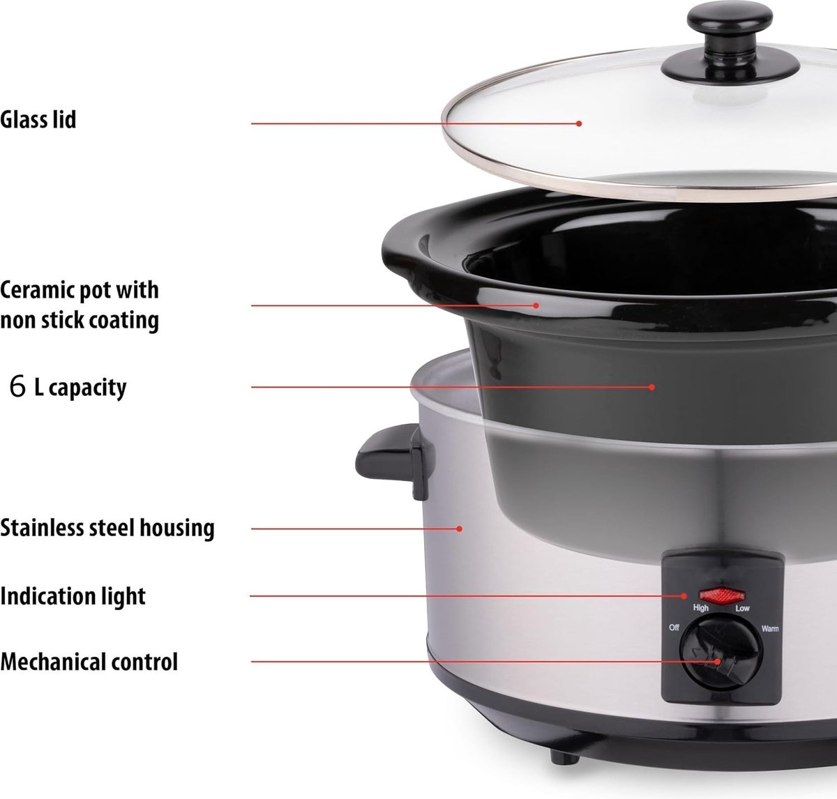 Afbeelding 2 van Royalty Line® SLC1013 Slowcooker - 6 Liter - Met Uitneembare Keramische Binnenpan - PFAS Vrij - 320W - Warmhoudfunctie - RVS