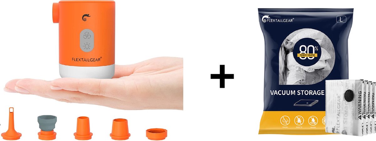 Flextail Gear 1x Max Pump 2 Pro Luchtbedpomp - 4 in 1 - Luchtpomp, Lantaarn, Vacuümpomp, Noodpowerbank - Oranje + Vacuüm opbergzakken voor kleding - 80x60 cm - 4 stuks