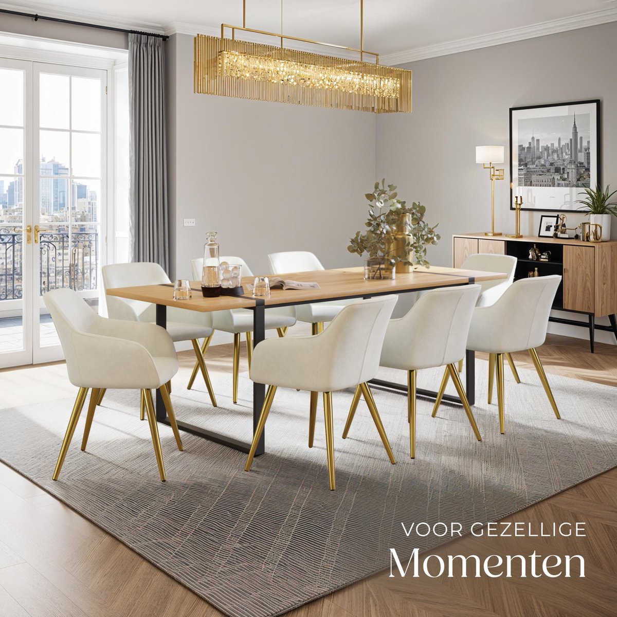 tectake® Eetkamerstoel Marilyn - Met Armleuningen - Elegante Stoel met Gevoerde Zitting in Fluweellook - Gestoffeerd - Gouden Metalen Poten - Ergonomische Keukenstoel - Stoel voor Woonkamer, Eetkamer en Slaapkamer - Creme – foto 6