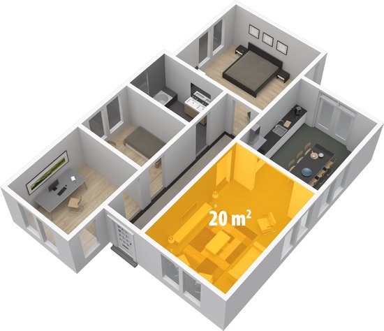 Plattegrond van een huis met een verlichte woonkamer van 20m².