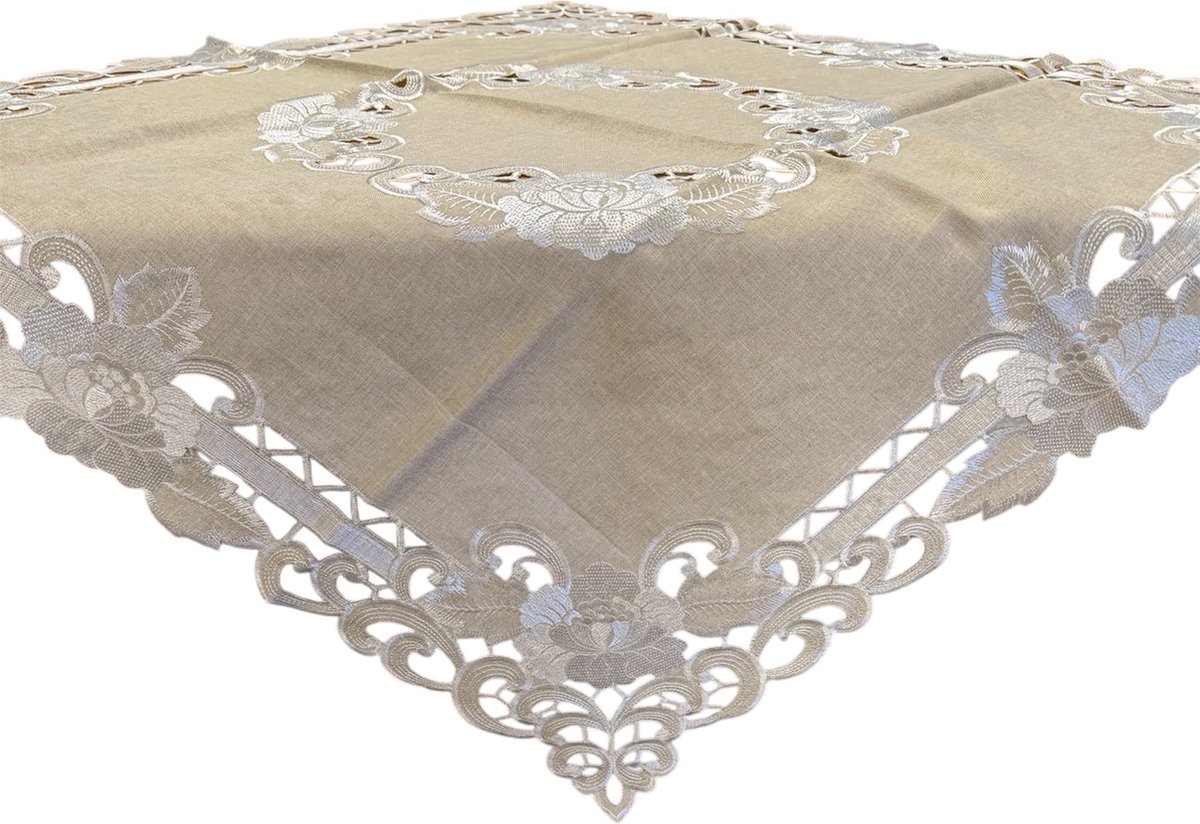 Tafelkleed - Linnenlook - Creme met bloem - Vierkant 85 x 85 cm