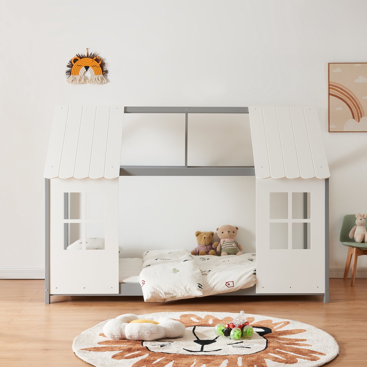 en.casa Kinderbed Tostedt huisbed met matras 90x200 cm grijs en wit [en.casa]
