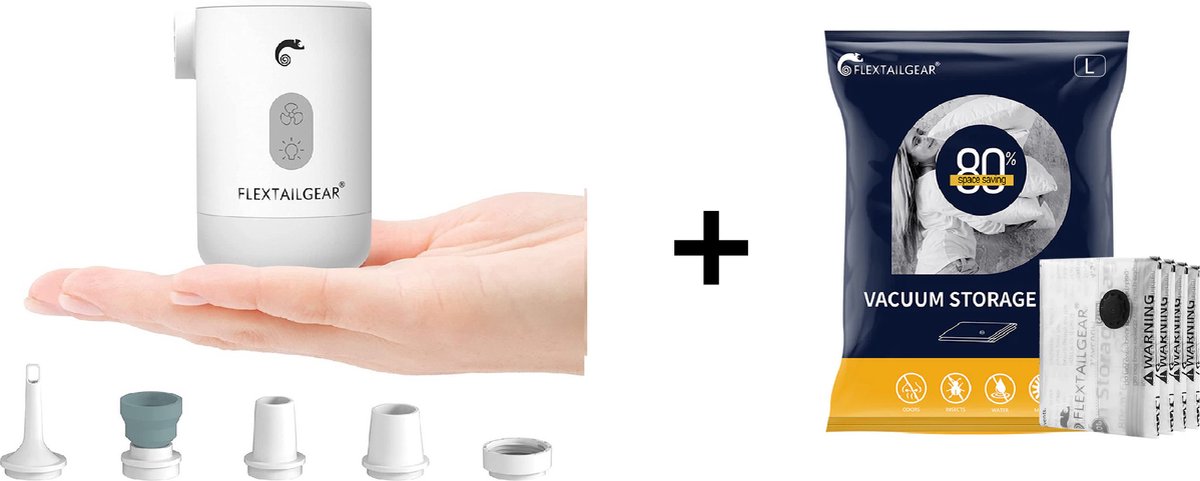 Flextail Gear 1x Max Pump 2 Pro Luchtbedpomp - 4 in 1 - Luchtpomp, Lantaarn, Vacuümpomp, Noodpowerbank - Wit + Vacuüm opbergzakken voor kleding - 80x60 cm - 4 stuks
