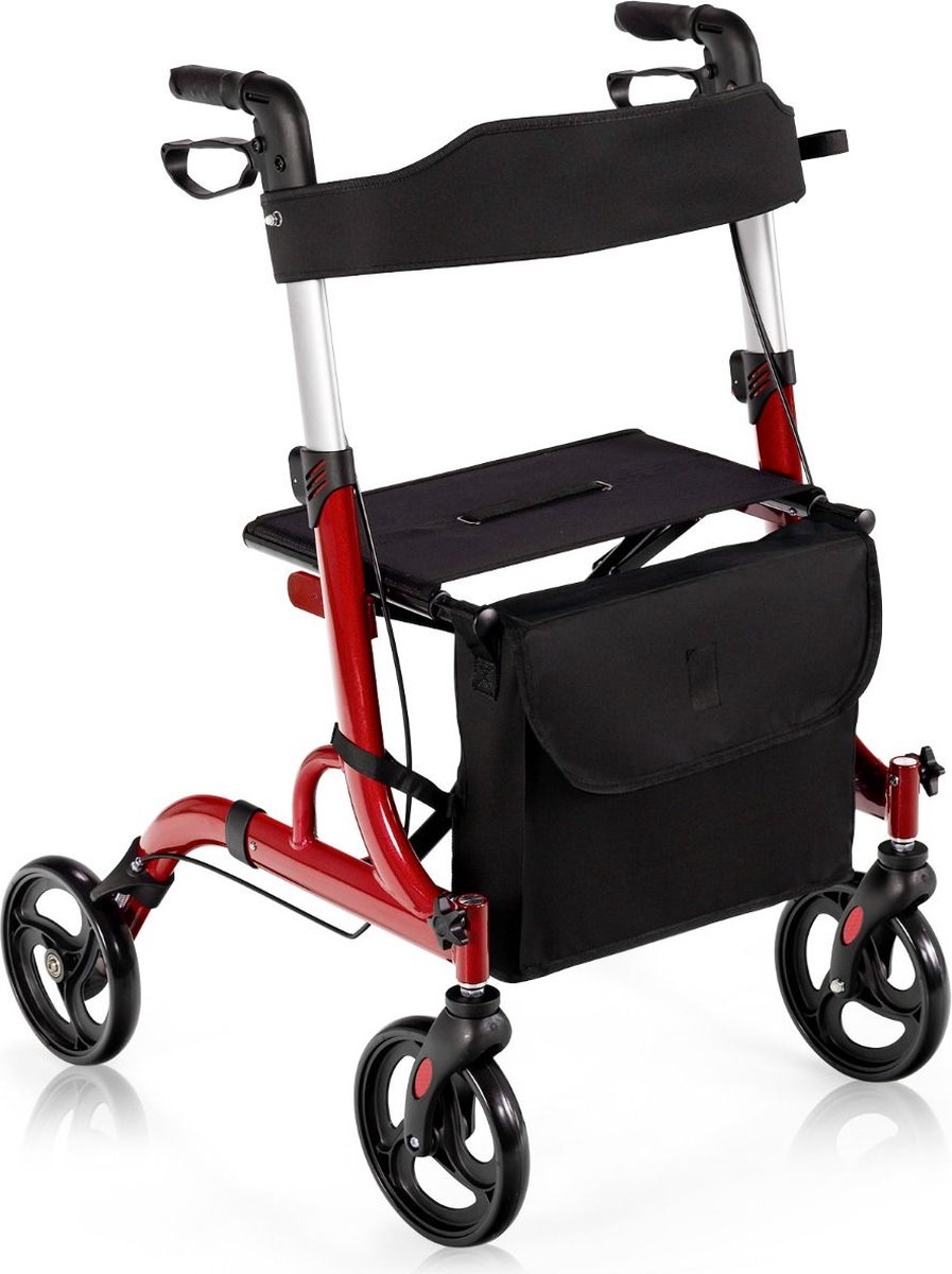 Opvouwbare Lichtgewicht Rollator Met Zitting En Loophulp - 6-Voudig In Hoogte Verstelbaar Loopwagen - Tas En Stokhouder & 2 Remmen - Rood