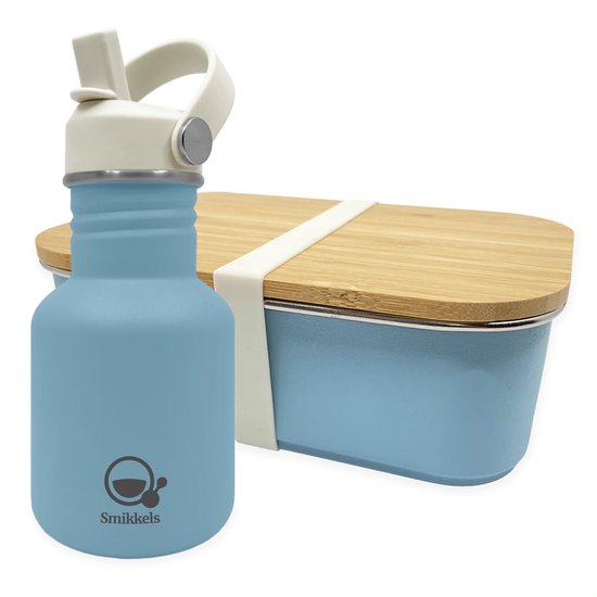 Smikkels - RVS lunchbox met drinkfles kind - Blauw - Met vernieuwde rietjesdop - Lunchset Broodtrommel en Schoolbeker - Basisschool