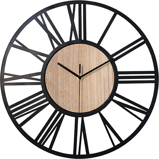 Fresco - Horloge Murale Romeo - Zwart avec Accents en Bois - Design Industriel et Intemporel - 40 cm
