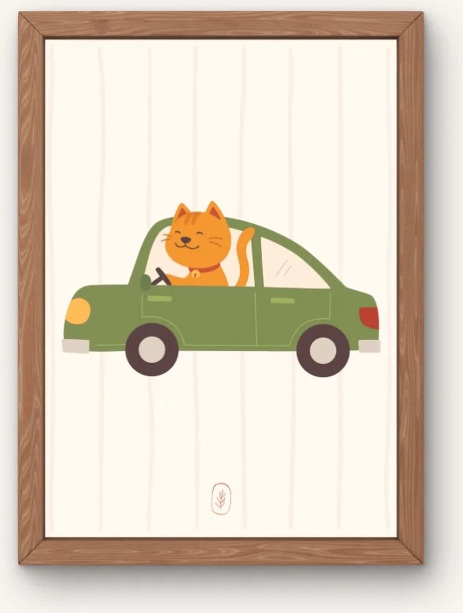 Kinderkamer poster met dieren - Poster - Cat on the road | Babykamer | kinderkamer decoratie | Grappige poster met een kat in de auto | Wanddecoratie | 30x40 cm