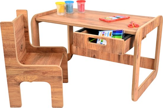 Industrial living Activiteiten tafel - Speeltafel - Kinderbureau met lade - Kinder eethoekset - Kindertafel - Mdf - Walnoot