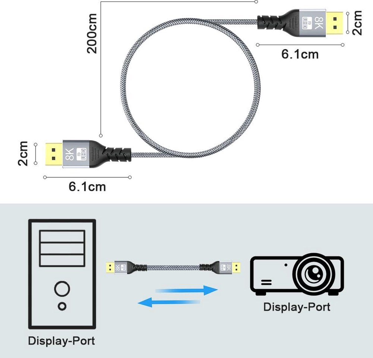 DisplayPort naar HDMI 8K @60Hz 2K @165Hz 4K @144Hz 2M nylon - afbeelding 3