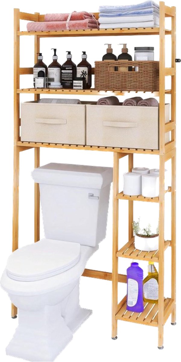 Opbergrek Badkamer met Lade Bamboe - Toilet Opbergrek - Ruimtebespaarder 3-Tier Verstelbar