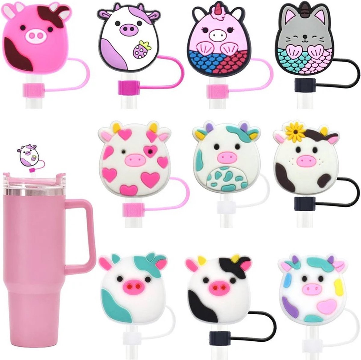 Klikkopers® - Cup Accessoires Set - 10 Koeien Kusjes - Koe Leakproof Silicone Stoppers - Straw Lids - Rietje Dop Compatibel met Cup 30 40 oz Vertraged Lekkage