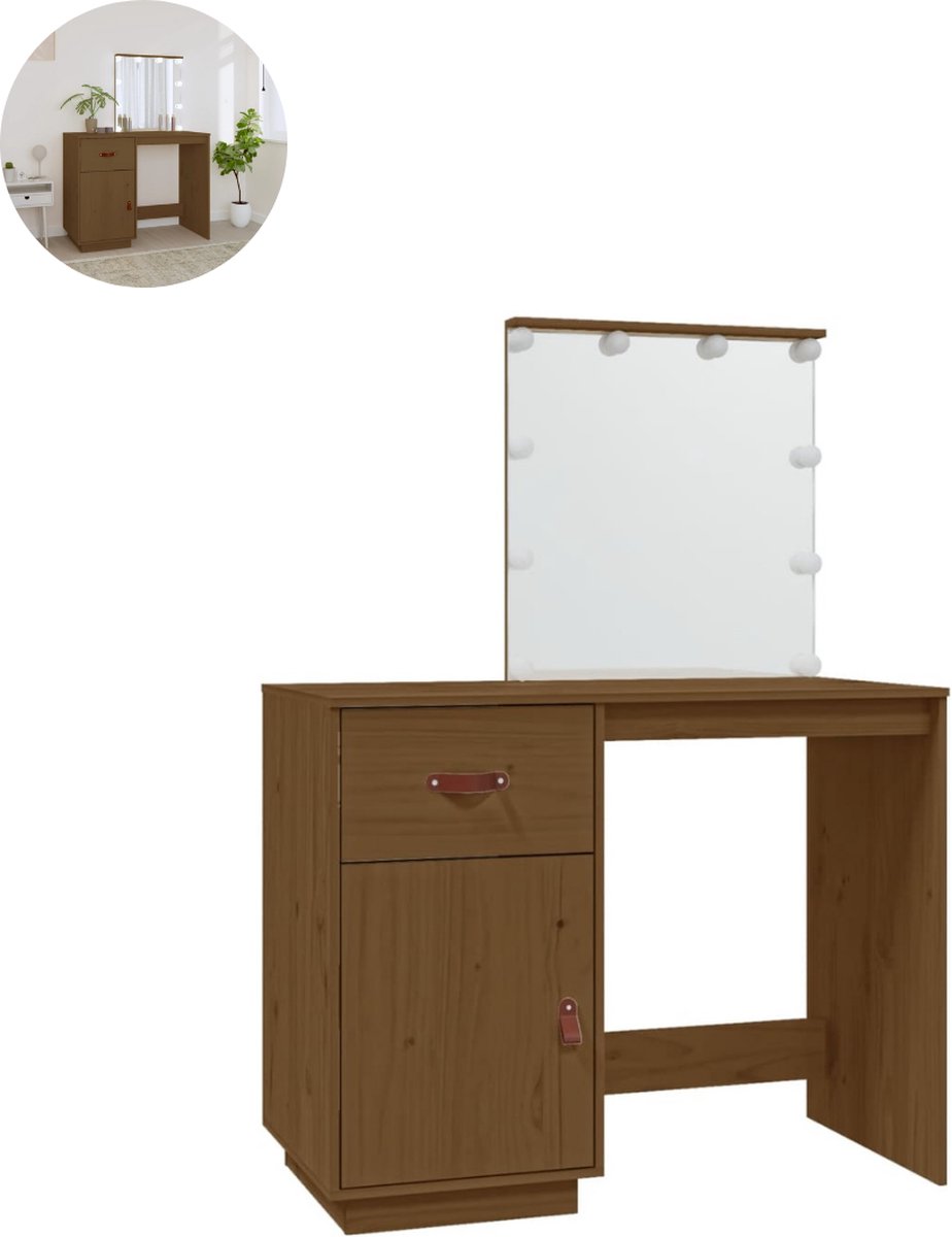 GranMaison Kaptafel met spiegel - Make up tafel - Make up - Toilettafel - Met lades - 95x50x133,5 cm - Honingbruin