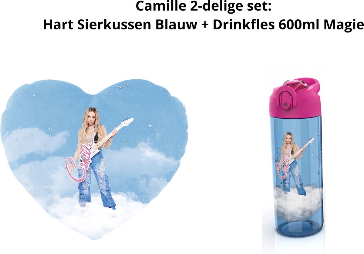 Camille Dhont - Camille 2-delige set: Hartvormig Sierkussen Blauw Magie + Drinkfles 600ml Magie