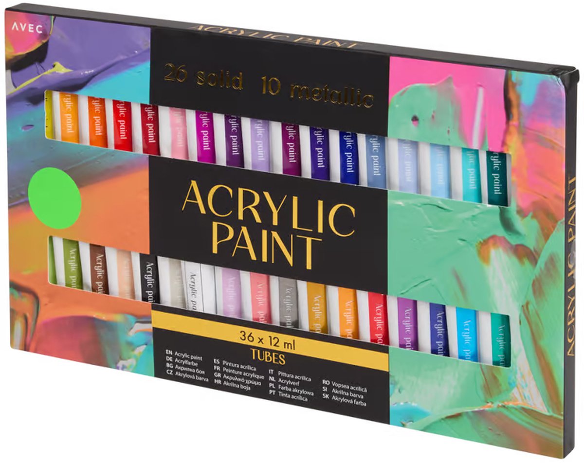 Luxe Acrylverf Set 36 x 12ml – Professionele Acrylverf op Waterbasis – 36 Heldere Kleuren – Sneldrogend & Waterdicht – Acryl Verf Set voor Canvas, Hout, Steen, Papier & Glas – Hobby & Kunstschilderset – Multiplaza
