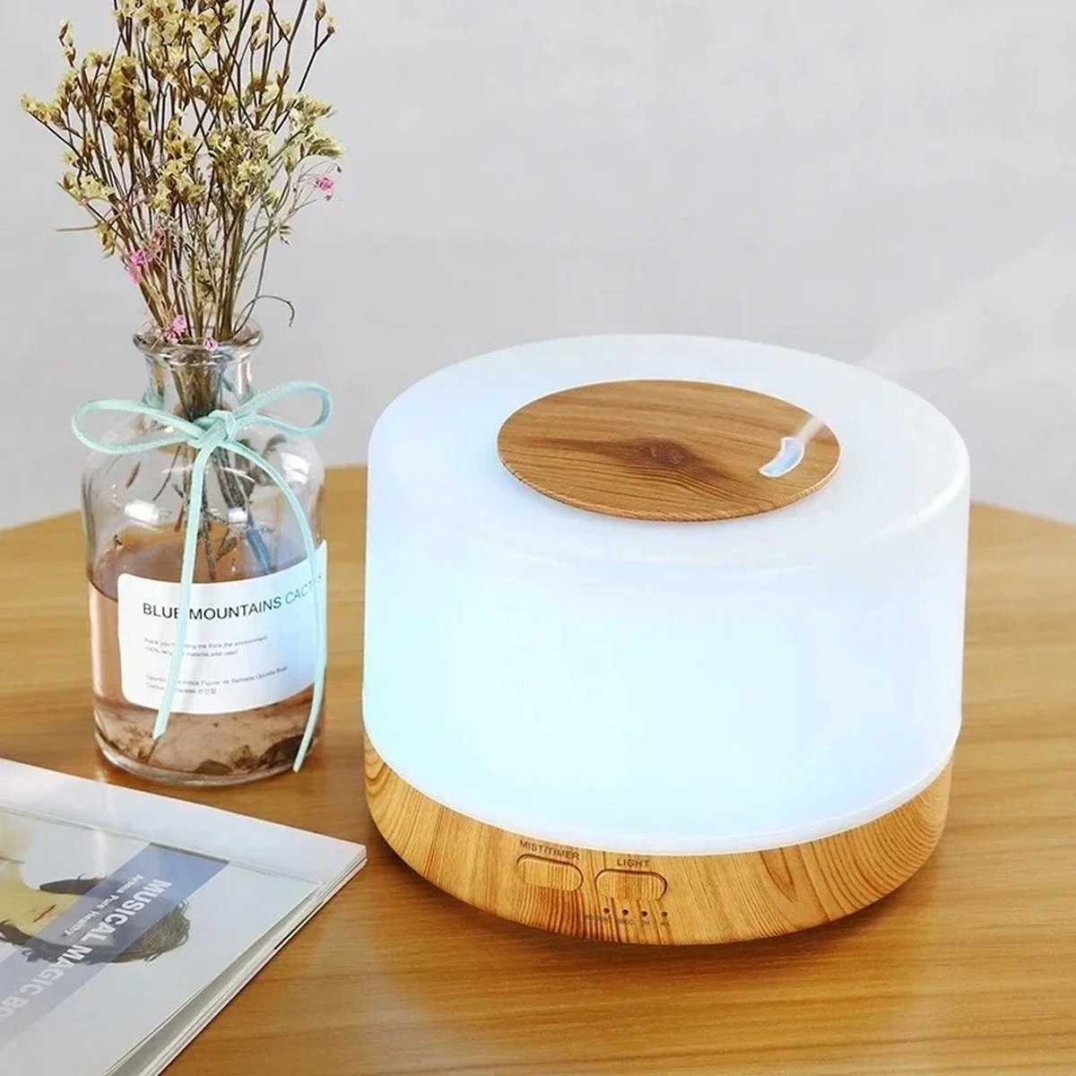 Goedkoopste Koopiez Diffuser - Luchtbevochtiger - Shallow wooden-grain - Slimme Wifi 500Ml - 7 Led Kleuren - Olie - 700 ML
