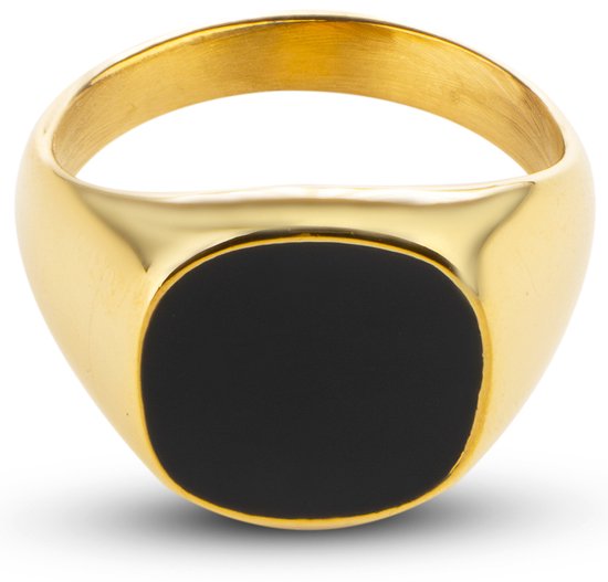 Chevalière Pour Homme Dorée Avec Pierre Noire – Acier – Bague