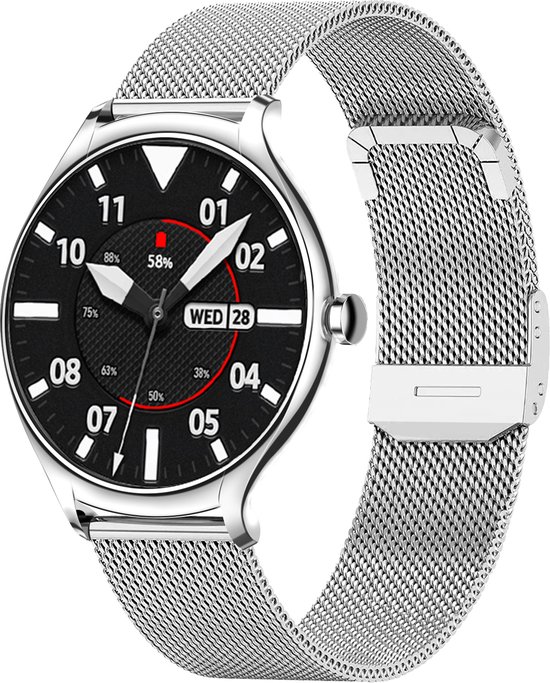 Chique zilverkleurige smartwatch met mesh band en een zwart wijzerplaat met digitale tijd en datum.