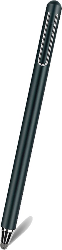 Zwarte styluspen met een clip, staand op een witte achtergrond.