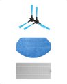 Drie onderdelen voor robotstofzuiger: twee blauwe zijborstels, een blauwe microvezel dweil, en een wit filter.