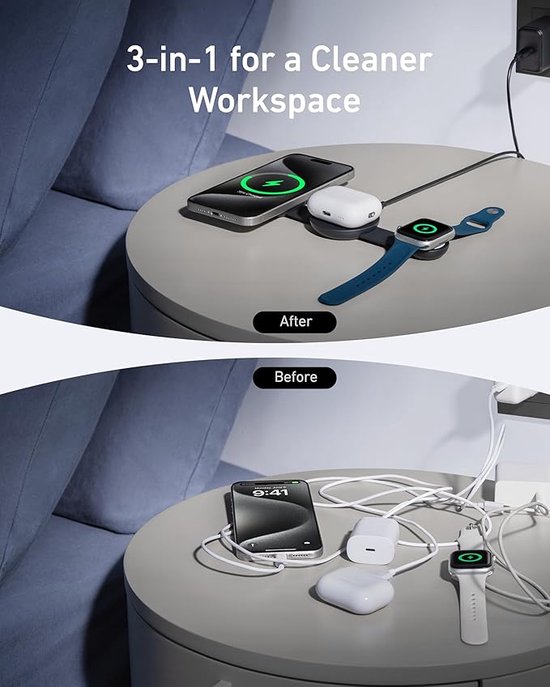 Anker MagGo 3-in-1 Vouwbare Draadloze Snellader - 15W Wireless Charger - Voor telefoons, oordopjes en smartwatchesor - Compact en Opvouwbaar Ontwerp - Zwart van Anker — afbeelding 5