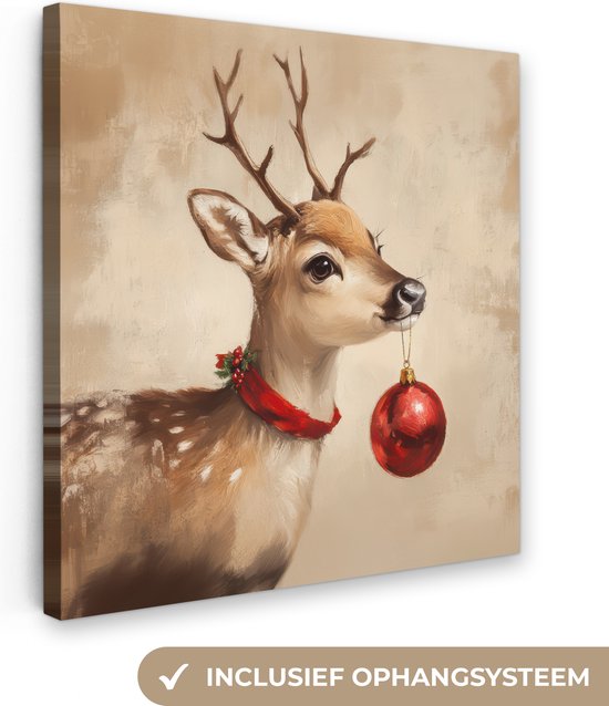 Canvas schilderij 20x20 cm - Wanddecoratie Kerst - Hert - Gewei - Kerstbal - Rendier - Muurdecoratie woonkamer - Slaapkamer decoratie - Kamer accessoires - Schilderijen op canvas - Kerstdecoratie voor binnen - Kerstversiering - Kerstmis versiering