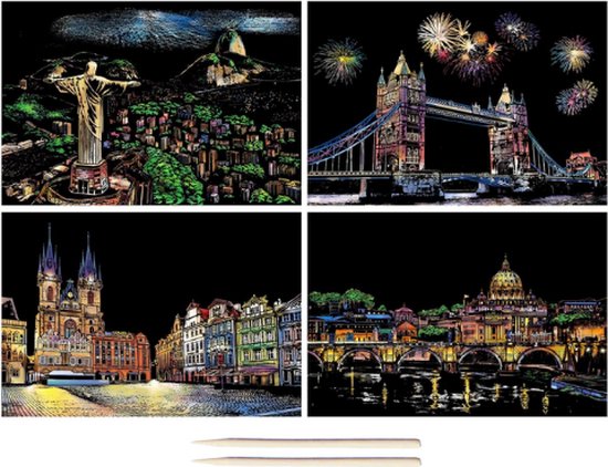 Scratch Art 4x A4 Deluxe Set | Meerdere Varianten | Kinderen en Volwassenen | Magic Kras Tekeningen Kraskaarten Krasfolie Kraskaart | Knutselen Tekenen | Painting Schilderen op Nummer Diamond Painting | Knutselpakket Tekenpakket Handwerken