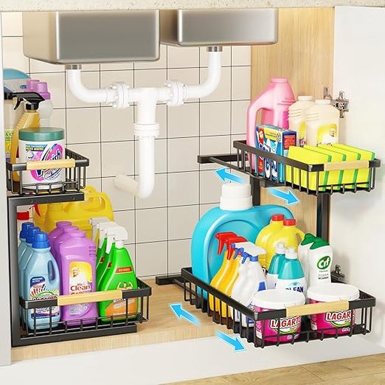 LAUWG - Organizer Voor Onder De Gootsteen, 2-laagse Opberger Voor Onder De Gootsteen Organizermand Voor Onderkast Multifunctionele Plank Voor Onder De Gootsteen In Badkamer En Keuken 40x22x31cm Grijs
