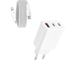 Usb adapter 3 poorten geschikt voor iPhone / iPad + Lightning naar usb C kabel – Snellader – Power Delivery oplader – 1 meter