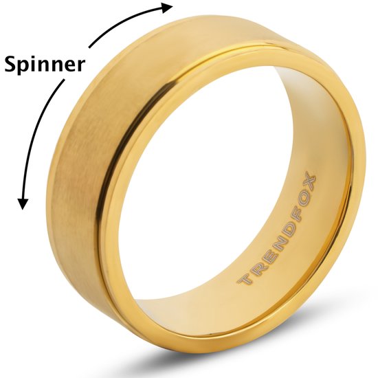 Goudkleurige spinnerring van geborsteld staal met gepolijste randen en pijlen die de draaibeweging aangeven.