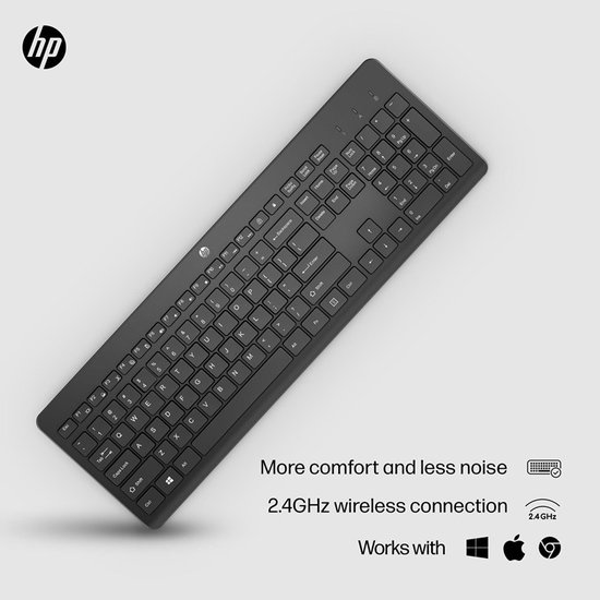 Zwart HP toetsenbord diagonaal geplaatst, met tekst over comfort, minder geluid en 2,4 GHz draadloze verbinding.