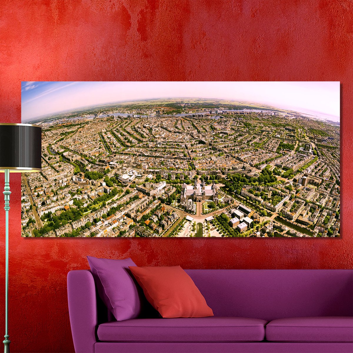 Amsterdam in Panorama | 250 x 120 cm | Foto op Canvas | Luchtfoto | Wanddecoratie | Skyline | Bijzonder Gedetailleerd