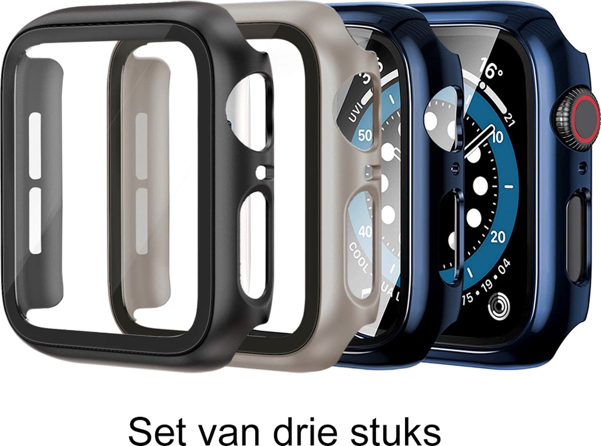 Stravo Set van 3 Full Cover/Hoesje - Screen Protector - Geschikt voor Apple Watch Series 10 & Series 11 - 46mm - Zwart / Middernachtblauw / Titanium - Bescherm Hoesje voor Apple Watch series 10 / X - maat 46mm - Hardcase - Protection