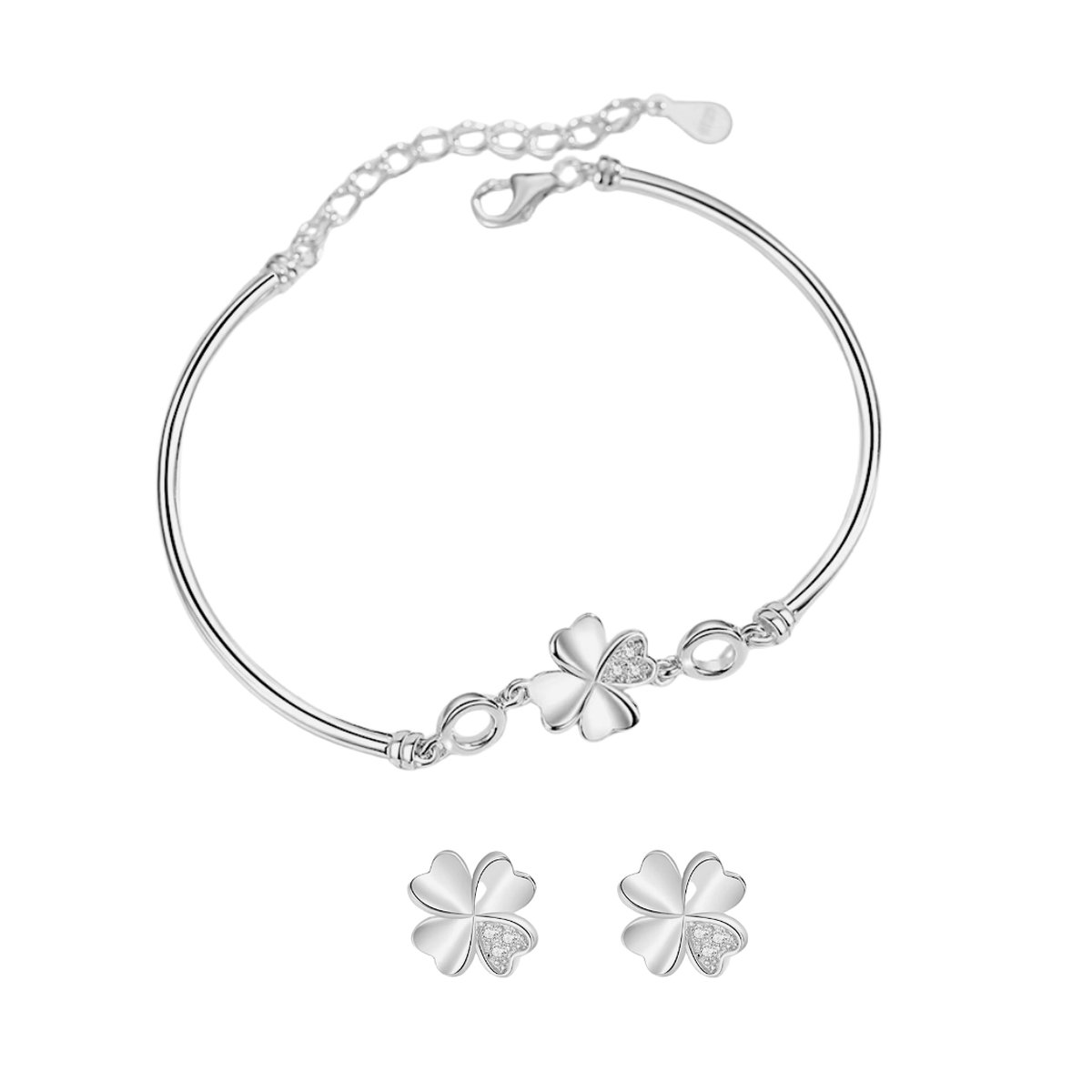 ASTRADAVI S925 Sterling Zilver - Sieraden Geschenkset - Armband Zirkonia Klavertje Vier - met Bijpassende Oorbellen - Zilver