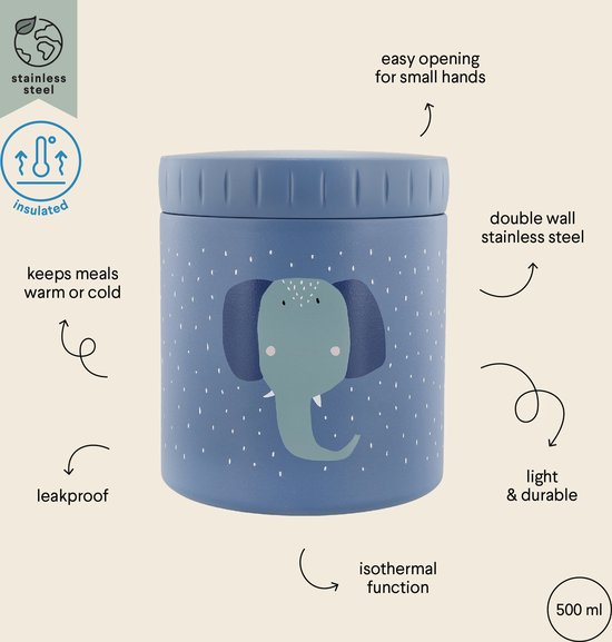 Trixie Thermos container - Mrs. Elephant - Thermo lunchpot voor kinderen - 500 ML - RVS Lunchbox - Blauw van Trixie — afbeelding 5