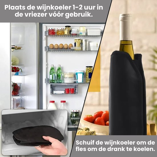 Wijnkoeler in de vriezer en om de fles geschoven om de drank te koelen. Bevat afbeeldingen van een koelkast en aardbeien.