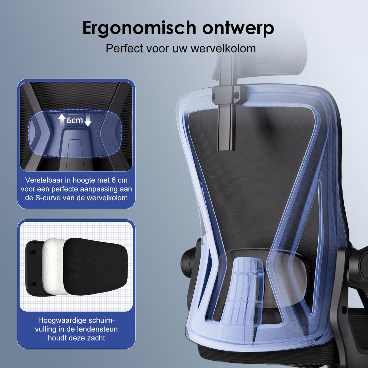 Bureaustoel Hiaonyx - ergonomische stoel voor volwassenen - 4D lendensteun - Opklapbare armleuningen - Vergrendelbare rugleuning - Met stille wielen - Kantelbaar tot 135° - Zwart – foto 8