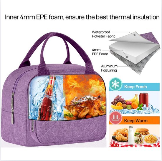 Geïsoleerde lunchtas voor dames en heren, werk volwassen koeltas lunchbox container lunch draagtas (paars) van Blokker — afbeelding 3