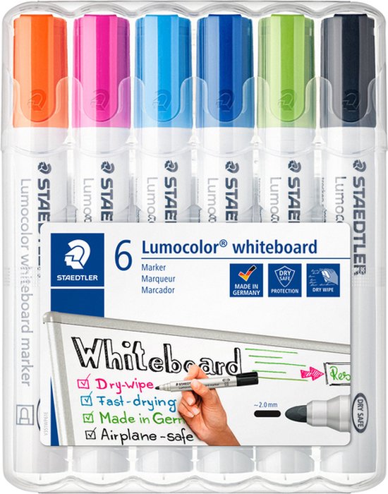 Set de 6 marqueurs pour tableau blanc Staedtler Lumocolor orange, rose, bleu clair, bleu, vert et noir.