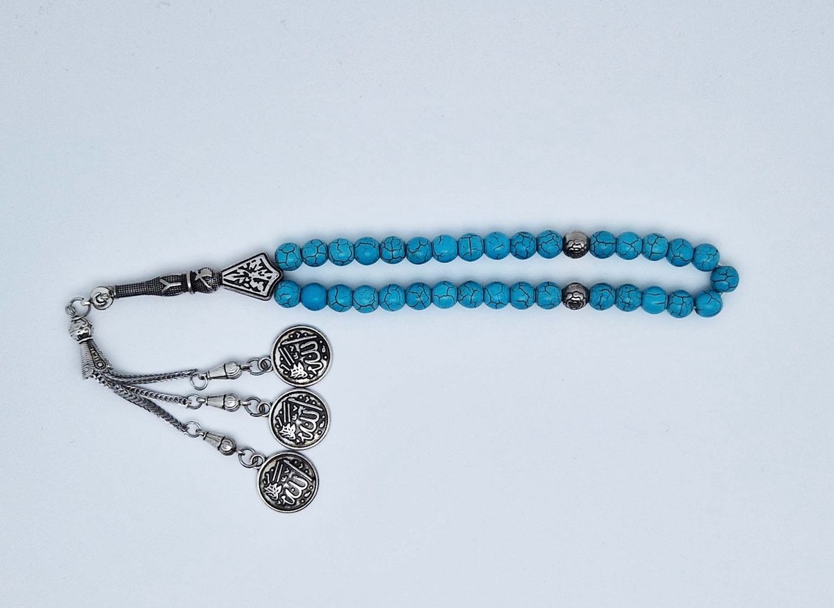 Handgemaakte tesbih "tasbih" natuursteen " Turkoois " - Aantal kralen 33 - Diameter kralen 8 MM - met metaal tassel "model 1" - Een mooi cadeau-idee