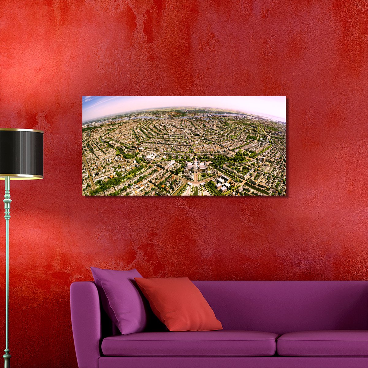 Amsterdam in Panorama | 120 x 55 cm | Foto op Canvas | Luchtfoto | Wanddecoratie | Skyline | Bijzonder Gedetailleerd