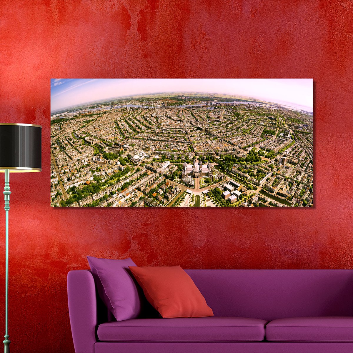 Amsterdam in Panorama | 170 x 80 cm | Foto op Canvas | Luchtfoto | Wanddecoratie | Skyline | Bijzonder Gedetailleerd