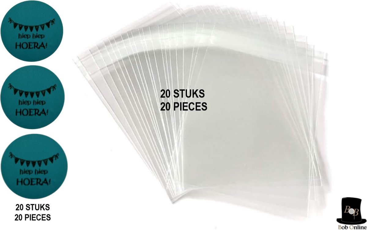 Bob Online™ - 20 Stuks Zakjes + 20 Stuks Blauw ‘hiep hiep Hoera’ Stickers – DIY Transparant Zelfsluitende Cellofaanzakjes 14x14,5cm – Voor Koekjes & Feestartikelen – Traktatie Cellofaanzakjes – 20Pcs Packets + 20 Blue ‘hiep hiep Hoera!' Stickers