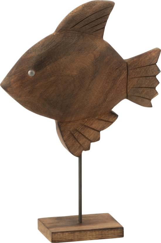 Poisson décoratif en bois avec motif d'écailles, sur une tige métallique avec une base en bois.