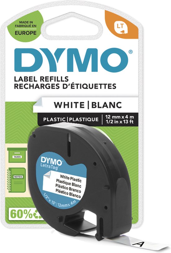 DYMO 12mm LetraTAG 91201 ruban en plastique pour imprimante d'étiquettes