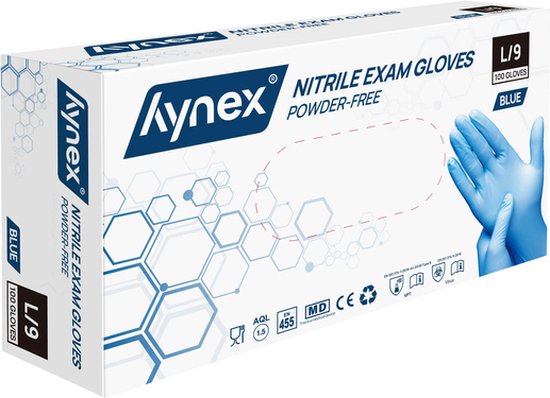Kynex Nitrile Exam Gloves, poedervrij, blauw, 100 handschoenen, maat L/9.