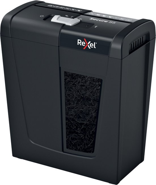 Zwarte Rexel Secure S5 papierversnipperaar met een kijkvenster voor de opvangbak.