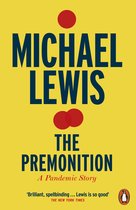 Boek "The Premonition" van Michael Lewis op een gele achtergrond met rode stippen en tekst.